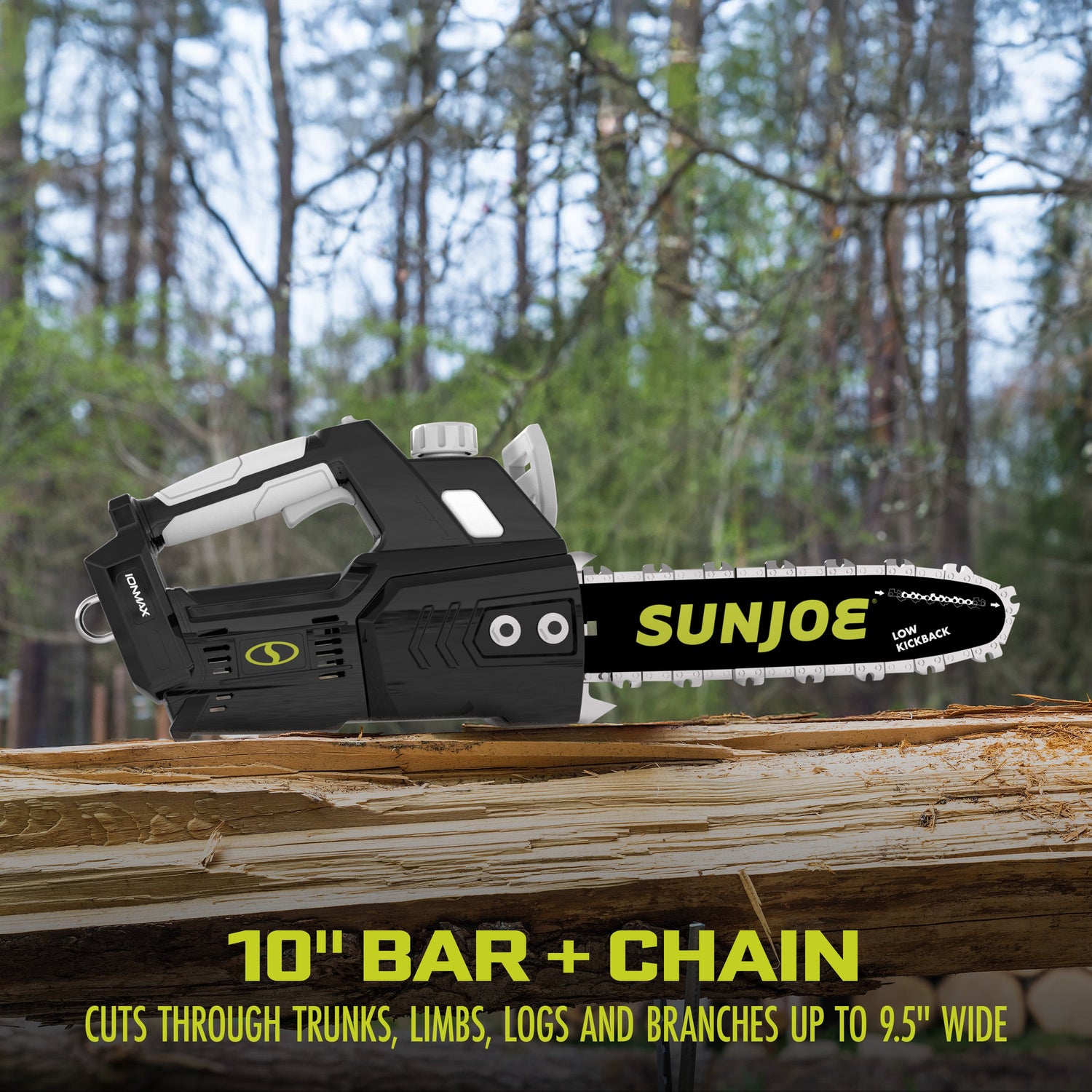 Sun Joe chainsaw on a log with a forest background