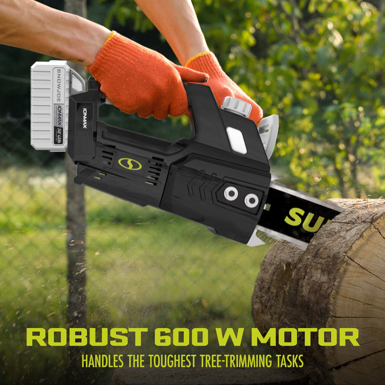 Person using a chainsaw to trim a tree with text highlighting the power of the tool.