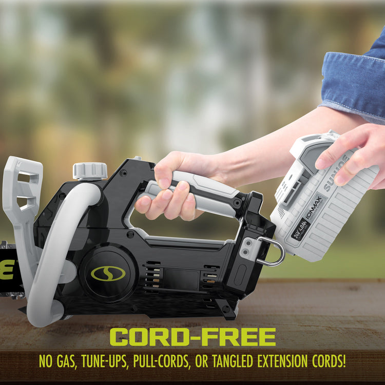 Cordless power tool being used with a blurred outdoor background
