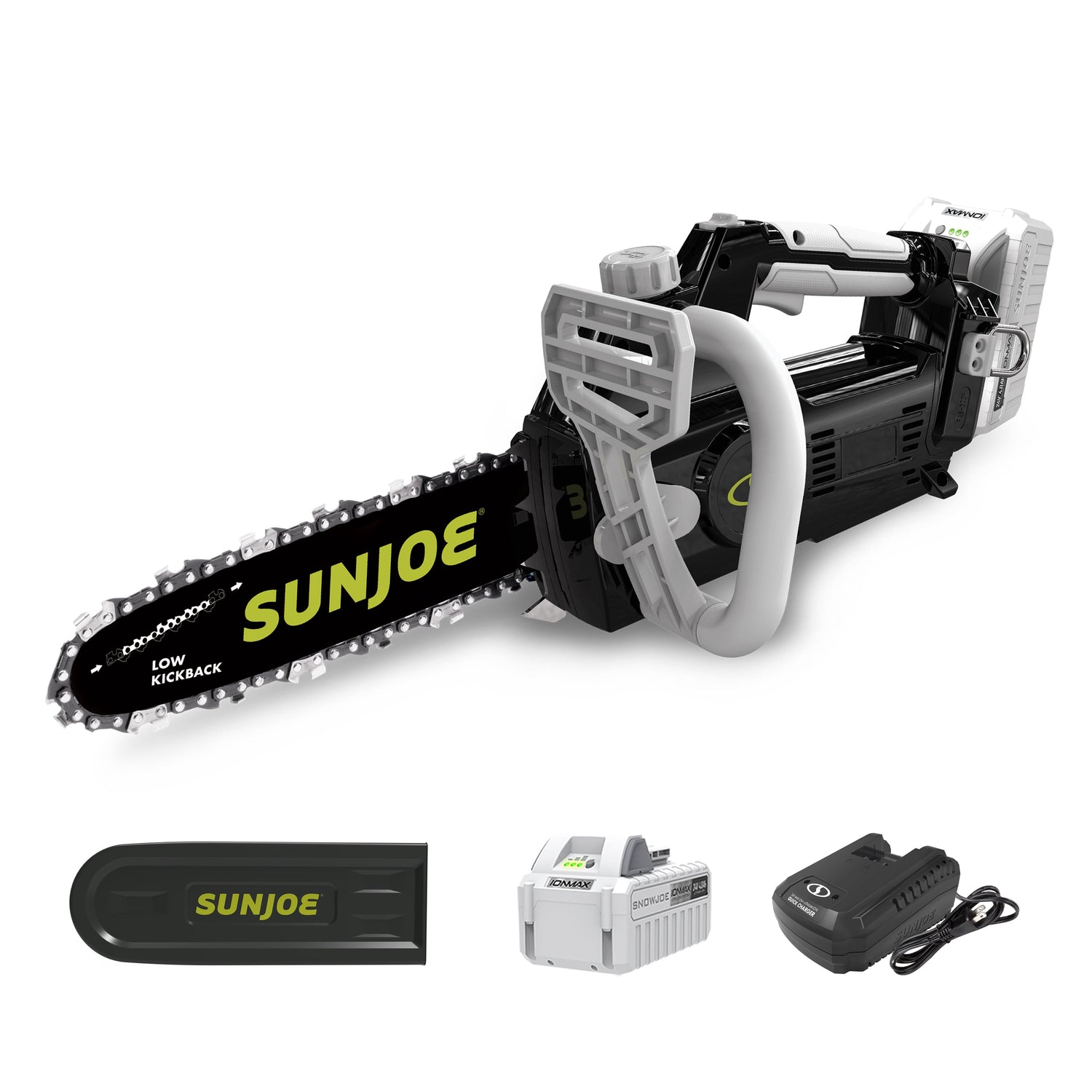 Sun Joe chainsaw with accessories on a white background