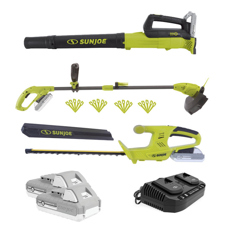 Sun Joe 24-Volt IONMAX Cordless Garden 3-Tools-In-1 Combo Kit | Leaf Blower | Grass Trimmer | Hedge Trimmer | W/ 2 x 2.0-Ah Batteries + Charger