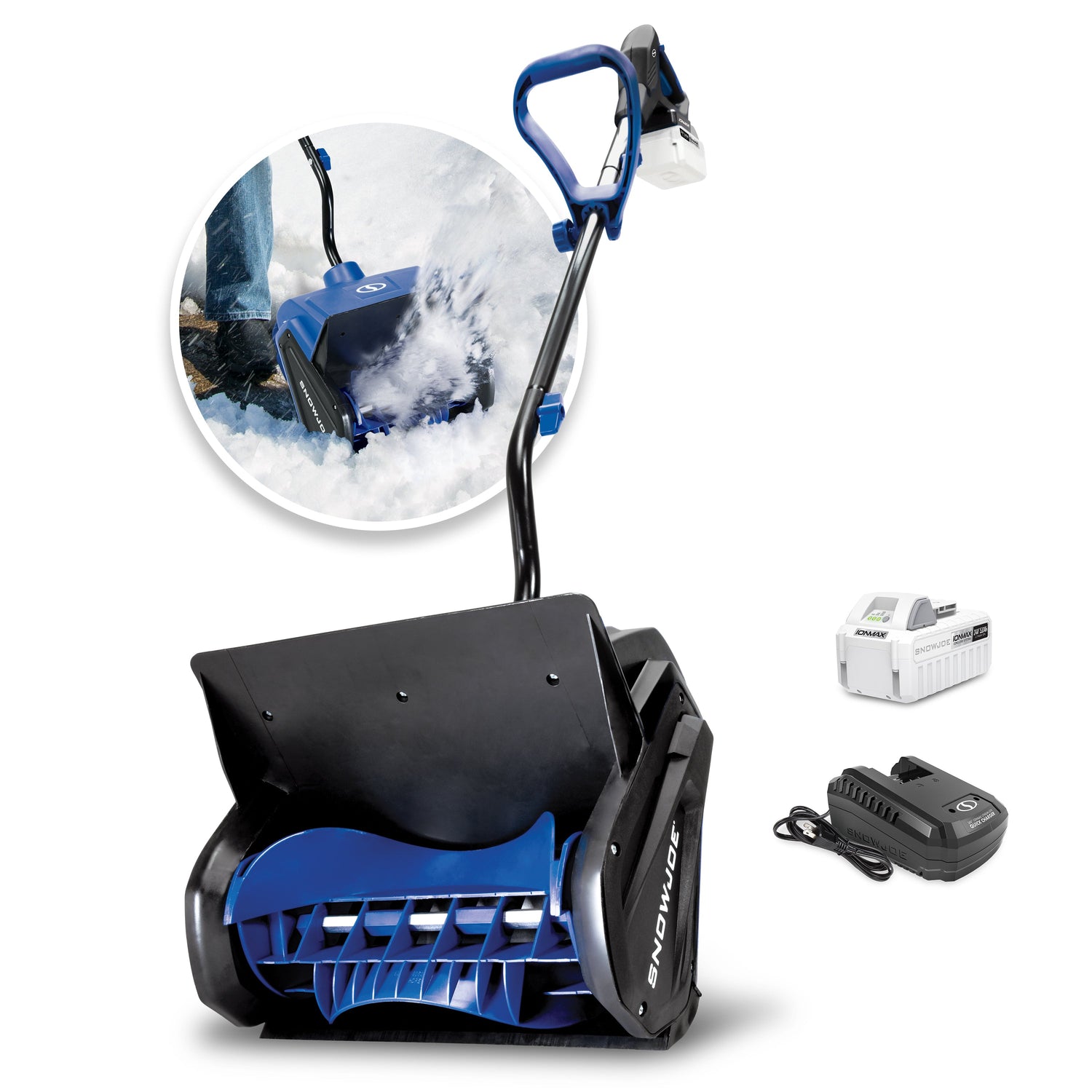 Blue and black snow blower with accessories on a white background