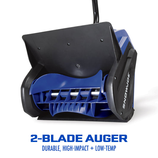 Blue and black snow blower with accessories on a white background