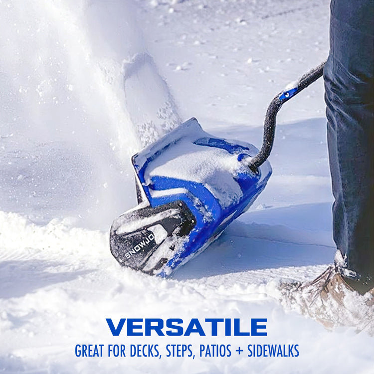 Person using a snow shovel to clear snow, with text highlighting its versatility.
