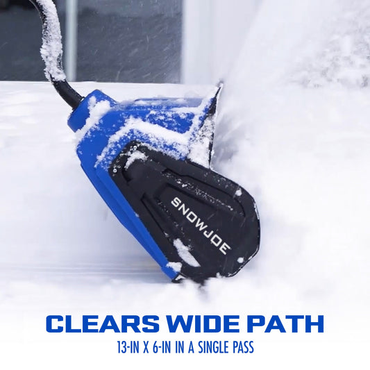 Blue and black snow blower with accessories on a white background