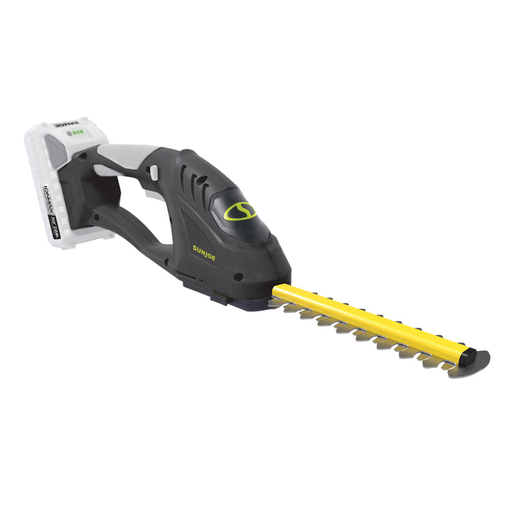 Hedge trimmer with yellow blades on a white background