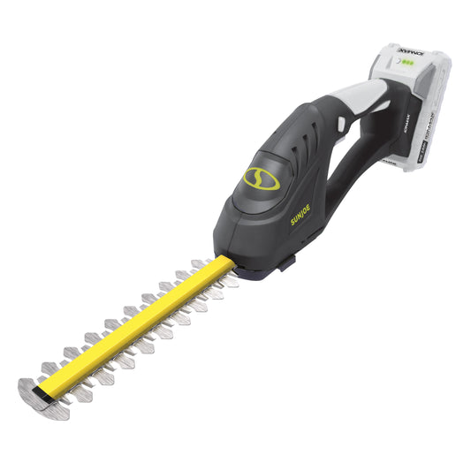 Sungoo hedge trimmer with close-up of use on grass