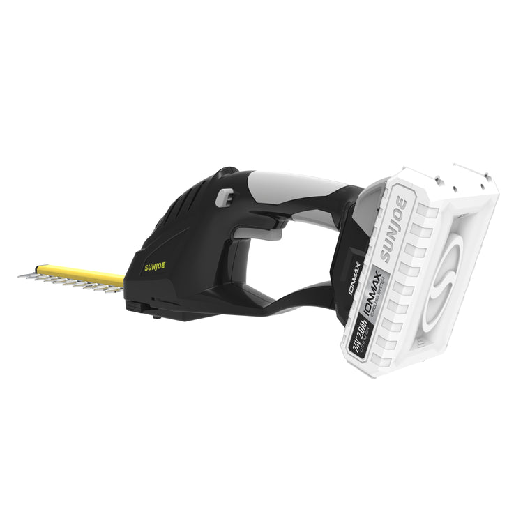 Black and white hedge trimmer with yellow blade on a white background