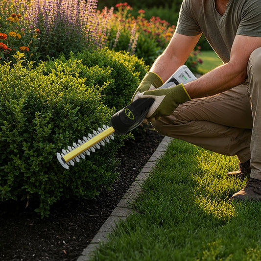 Sungoo hedge trimmer with close-up of use on grass