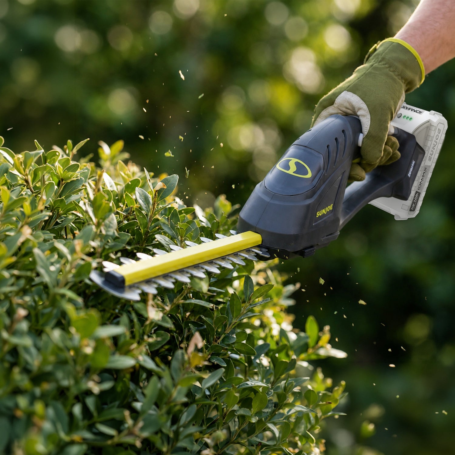 Person using a hedge trimmer on a bush with a blurred green background