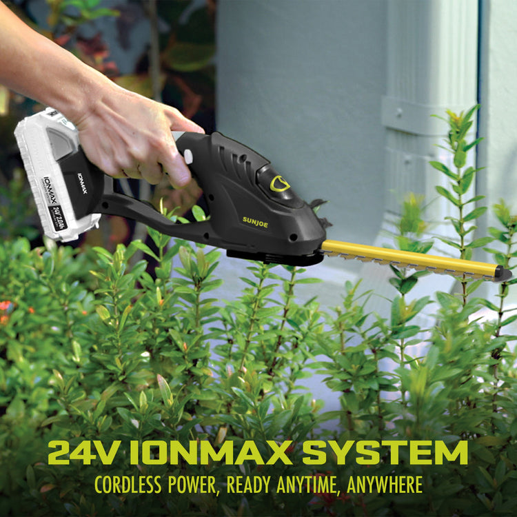Person using a Sun Joe hedge trimmer on a bush with text highlighting the 24V Ionmax system.