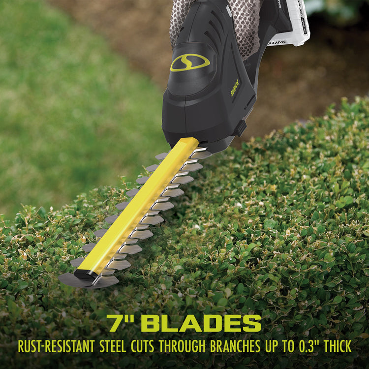 Hedge trimmer cutting through a bush with text highlighting blade size and material.