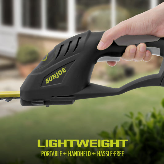Sungoo hedge trimmer with close-up of use on grass