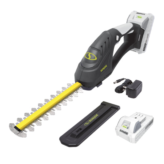 Sungoo hedge trimmer with close-up of use on grass