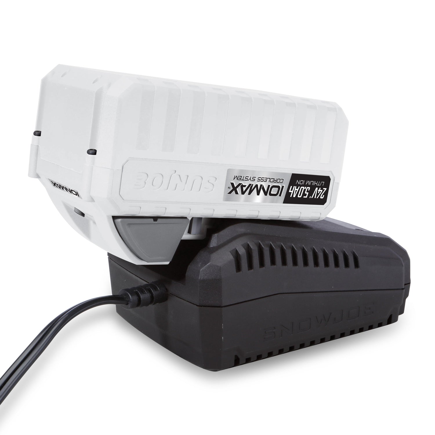 White and black electronic device with 'Snow Joe' branding on a white background