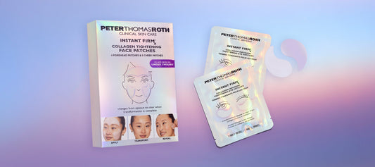 Peter Thomas Roth Instant Firm Collagen Tightening Face Patches shown as a white retail box beside two individual foil sachets on a soft pastel gradient background.