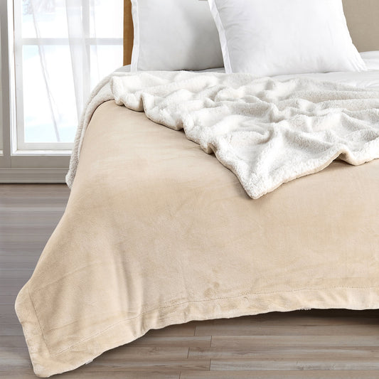Ultra-Soft Velvet Plush Reversible Sherpa Fleece Blanket - Tan