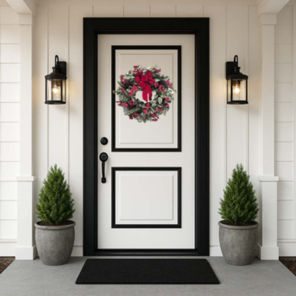 Front door with a wreath and potted plants on a white wall