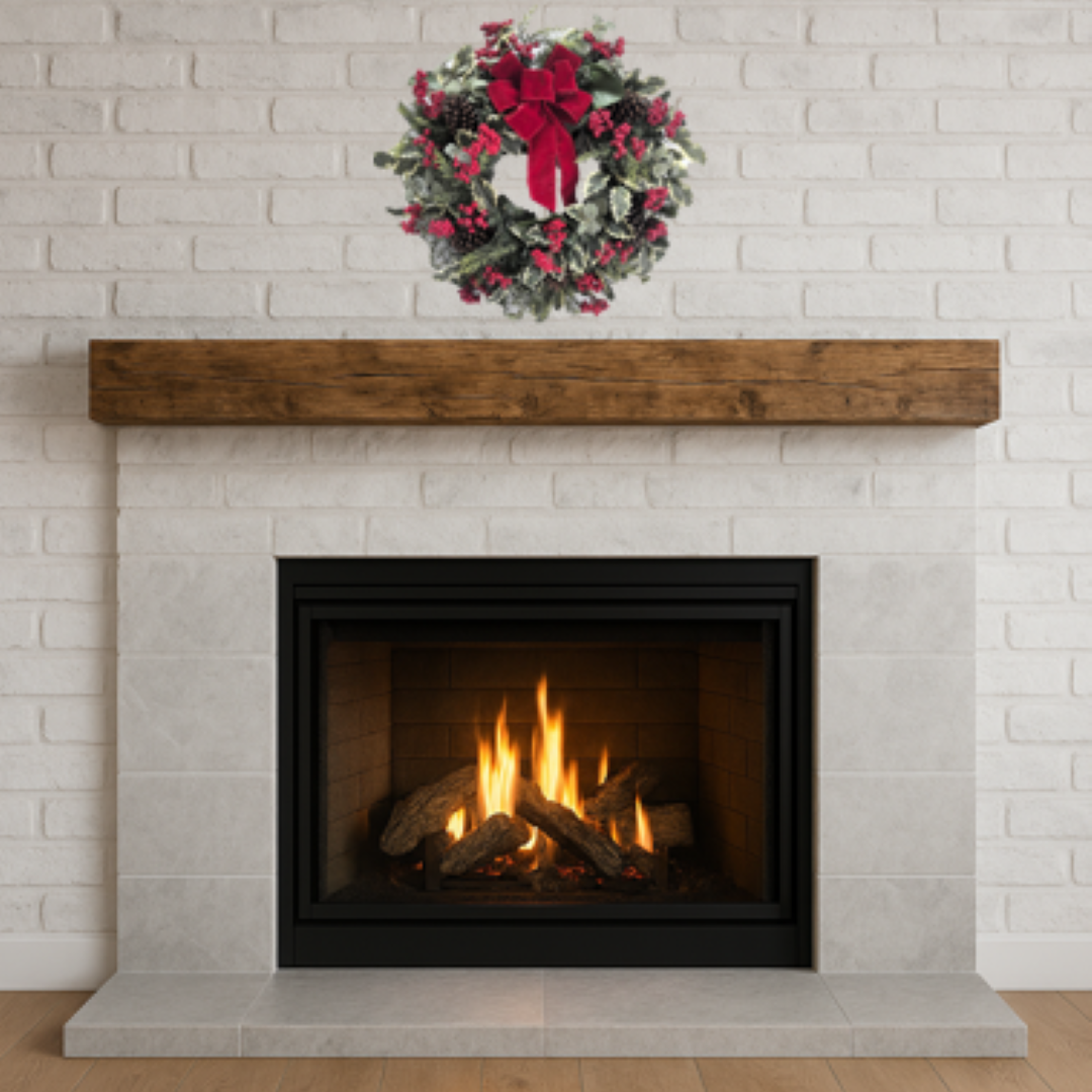 Fireplace with a wooden mantel and Christmas wreath on a white brick wall.