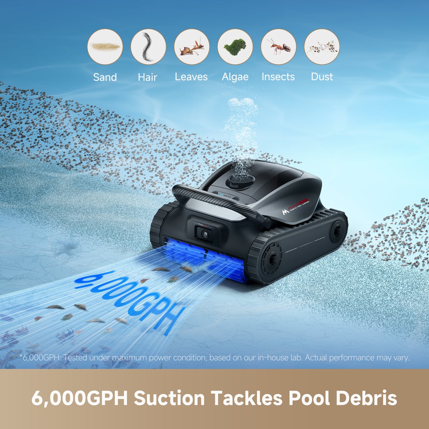 Robotic pool cleaner with text '6,000GPH Suction Tackles Pool Debris' on a blue background