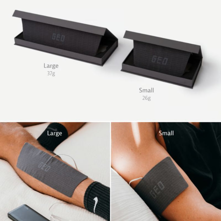 Two black electronic devices, one large and one small, shown on a white surface. Below, two people wear the devices on their arms.