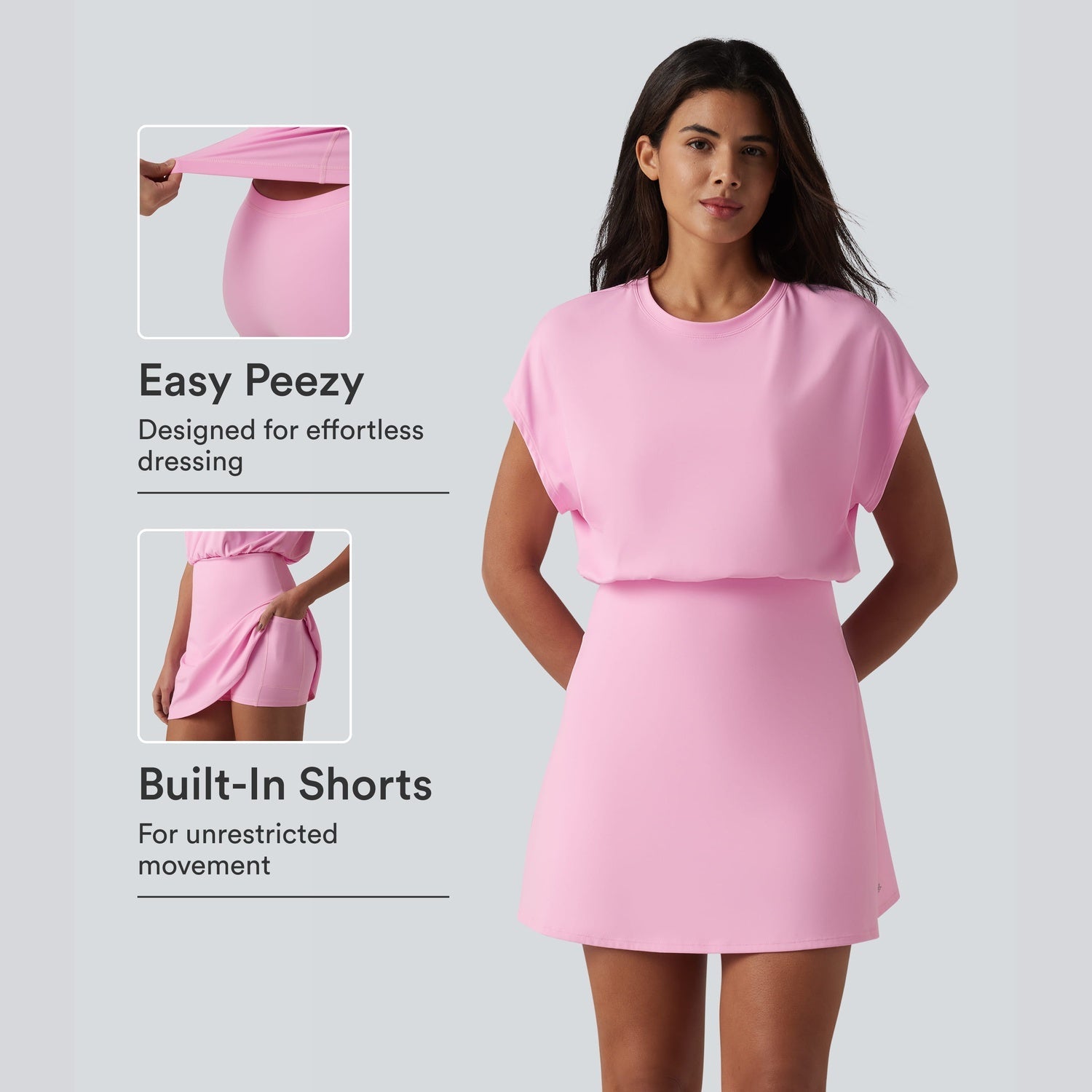 Woman wearing a pink dress with built-in shorts, labeled 'Easy Peezy' on a light gray background.