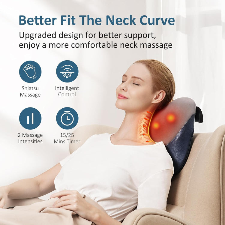 Person using a neck massage pillow with text highlighting features on a light background