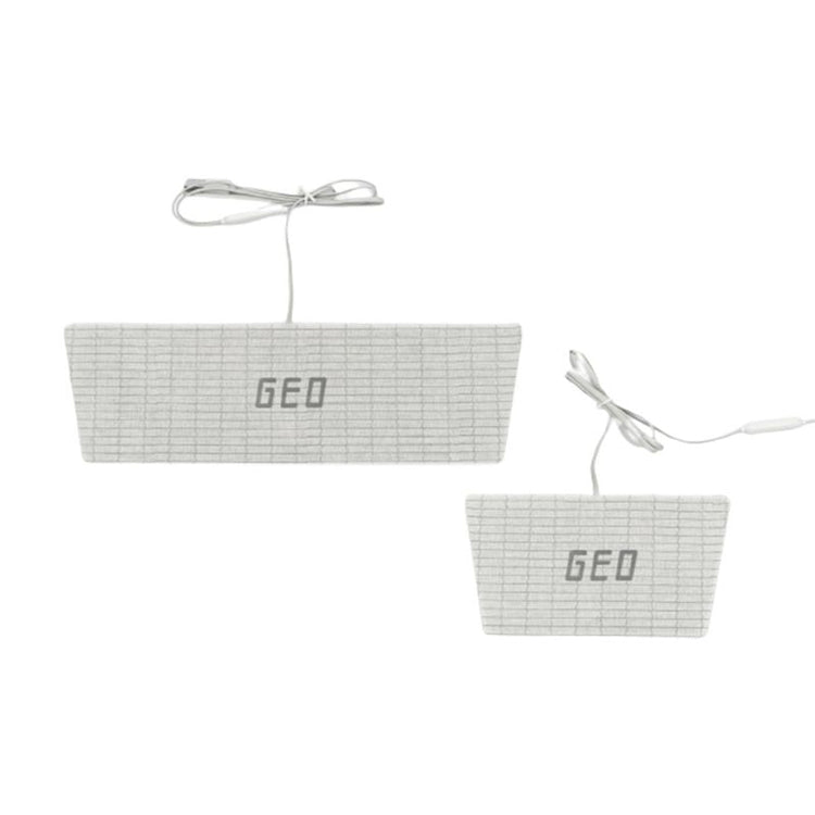 Two white geometric pouches with 'GEO' branding on a white background