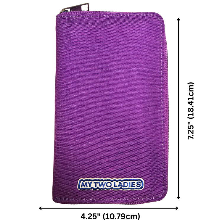 Purple zippered pouch with 'MYTWO LADIES' branding and measurements on a white background