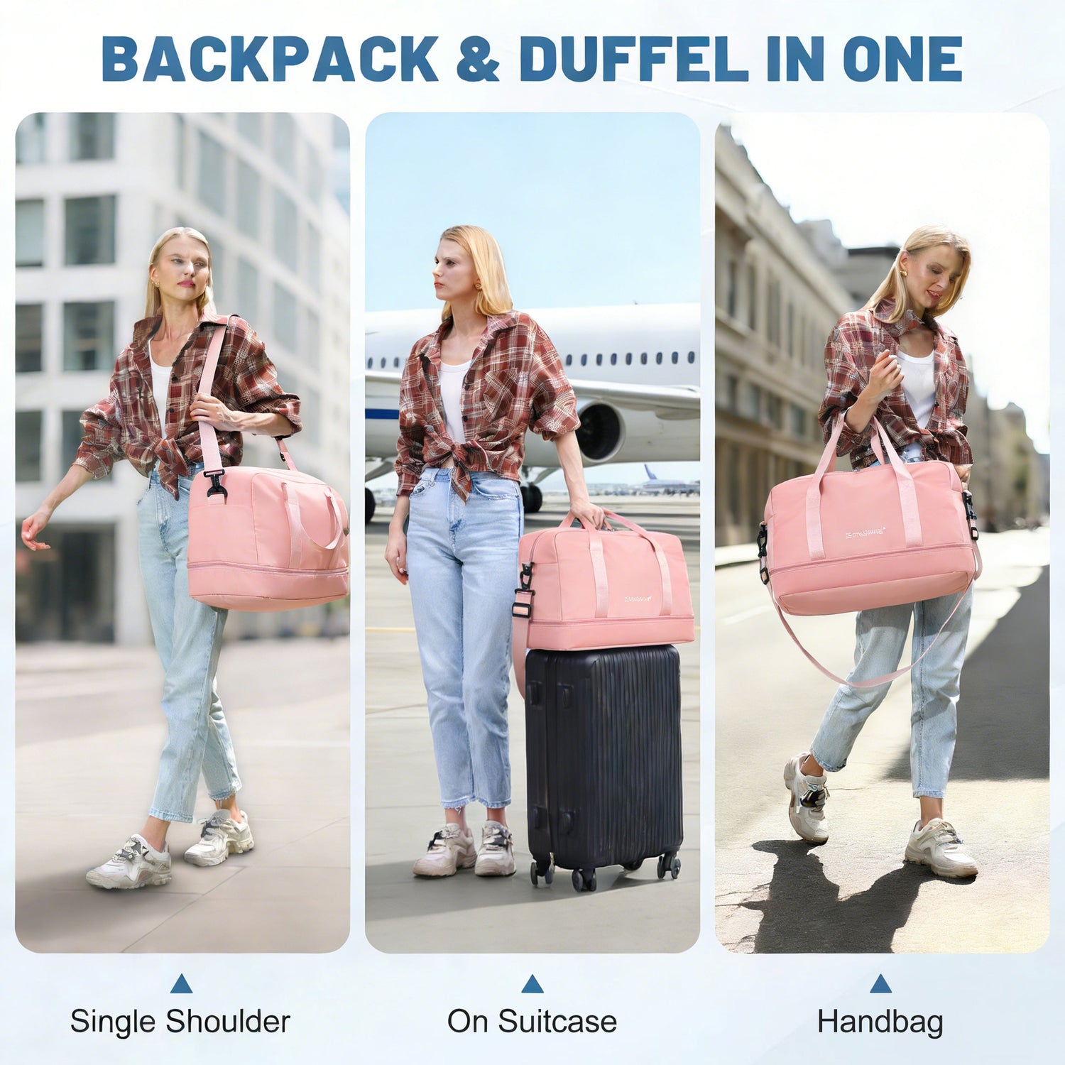 Woman using a pink backpack and duffel bag in various scenarios