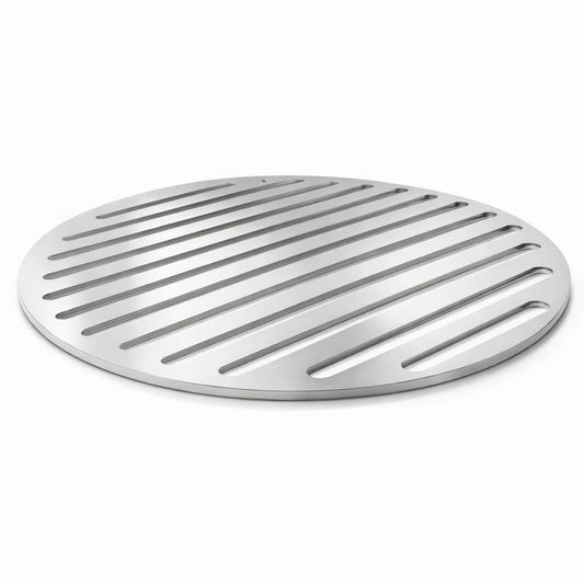 Round metal drain cover with vertical slits on a white background