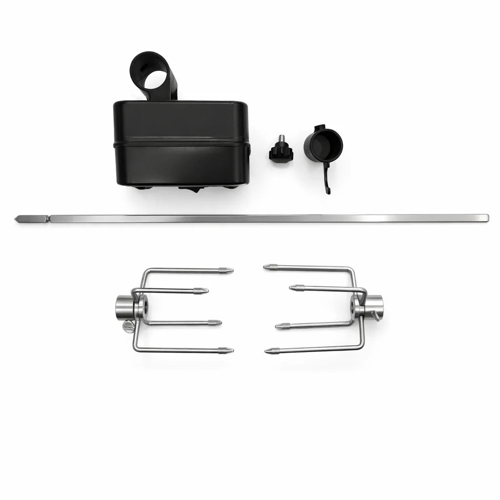 Set of barbecue grilling tools including a black control box, two metal skewers, and a long metal rod on a white background.