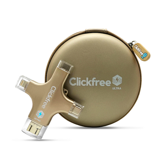 A red ClickFree Ultra 128GB universal AI photo and video backup device with multiple connector ports, including USB and Lightning, displayed against a white background.