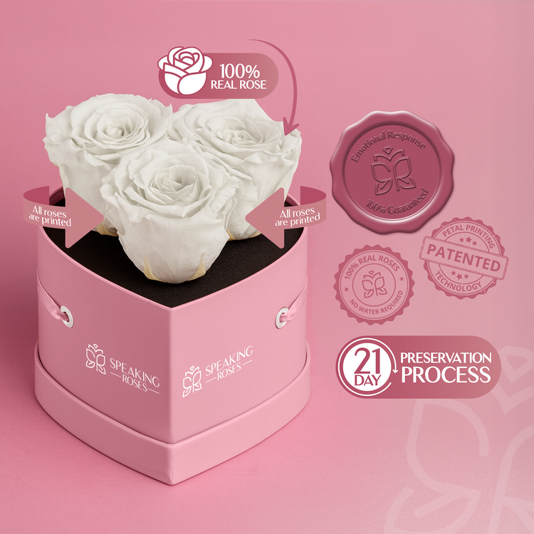 Heart-shaped pink box with preserved white roses on a pink background, featuring Speaking Roses branding.