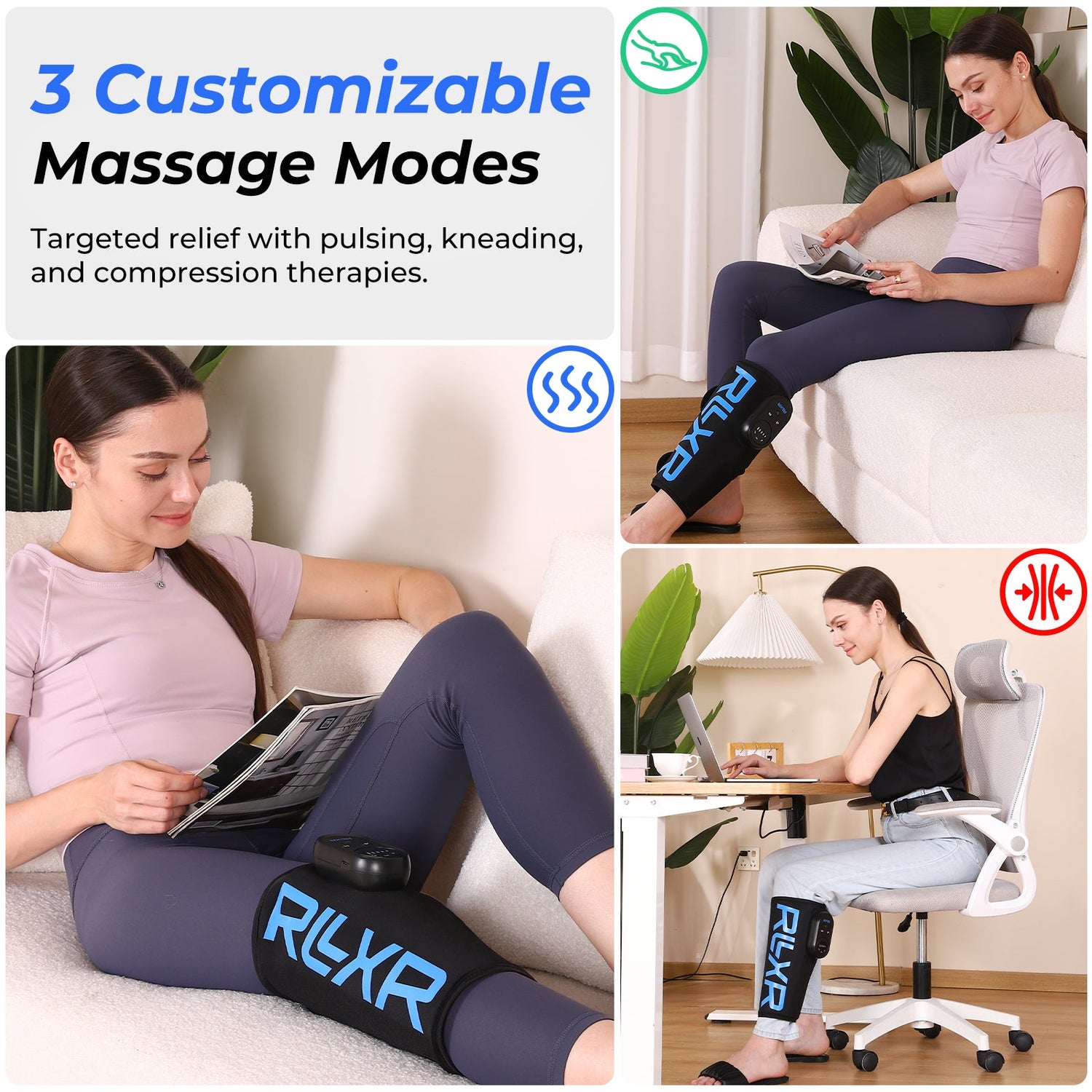 Massage leg wraps with customizable modes and text on a lifestyle setting.