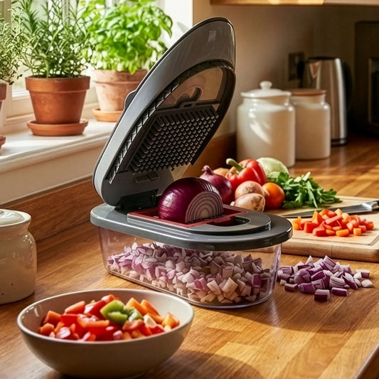 Chopping device with container filled with chopped onions on a marble surface with vegetables around.