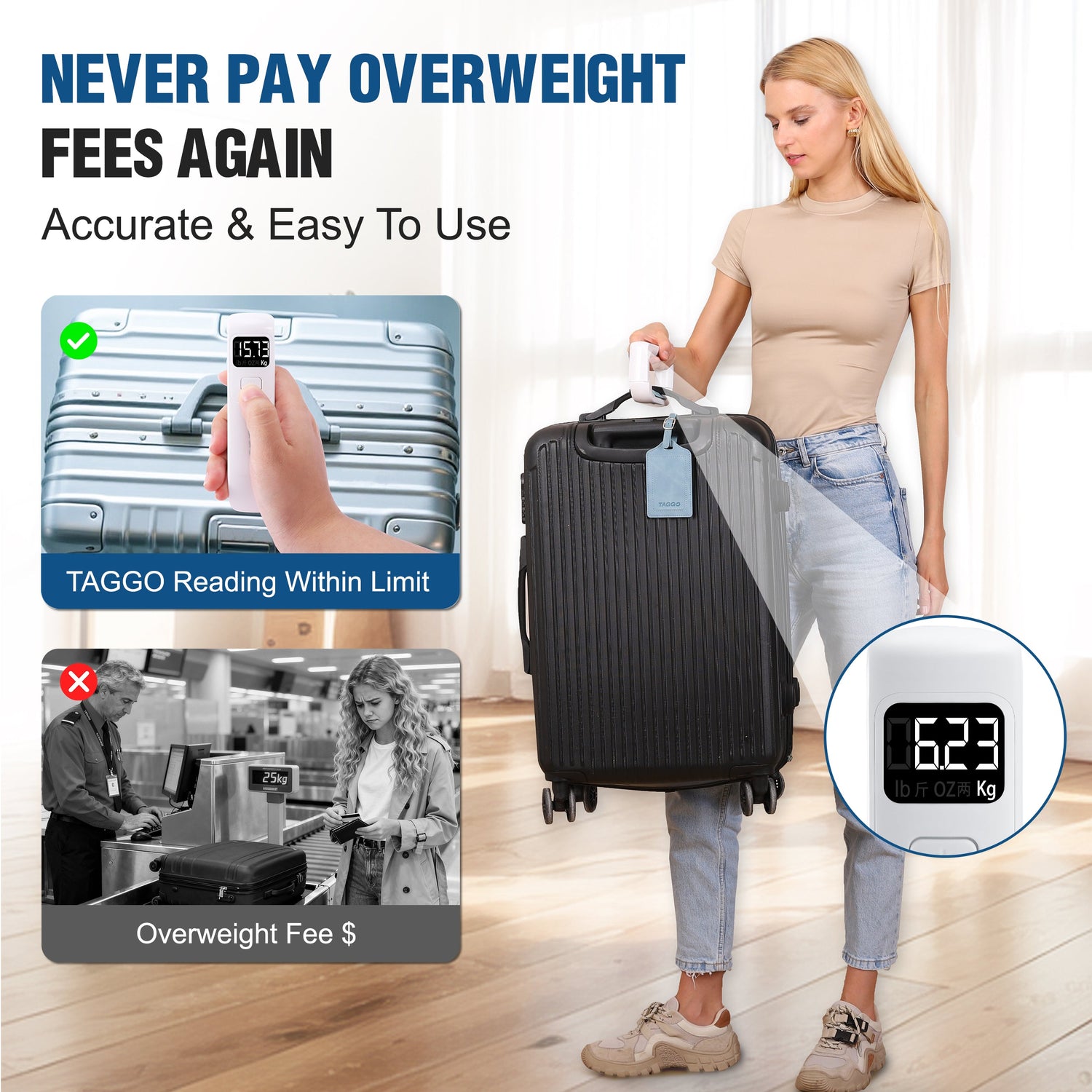 Woman holding a suitcase with a digital weight display, emphasizing accurate luggage weight measurement.