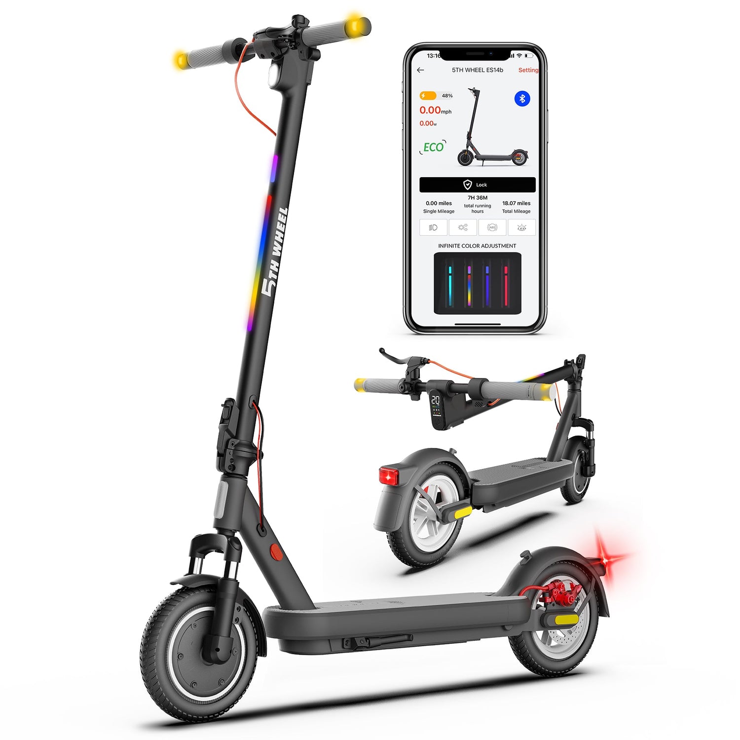 Electric scooter with smartphone displaying app interface on a white background