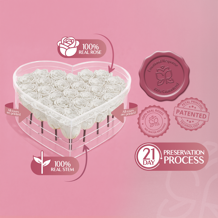 Heart-shaped arrangement of white roses with branding and certification logos on a pink background