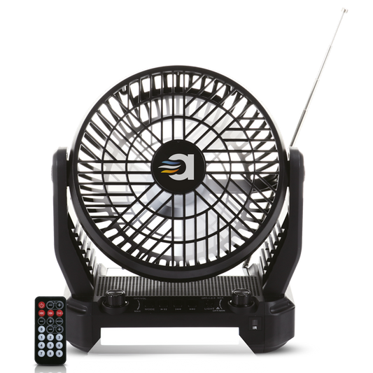 Black portable fan with remote control on a white background