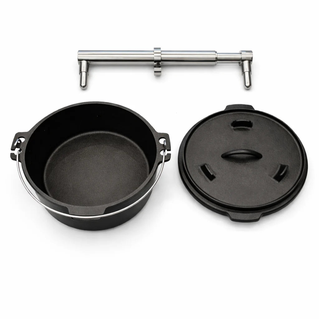 Black pot with lid and handle on a white background