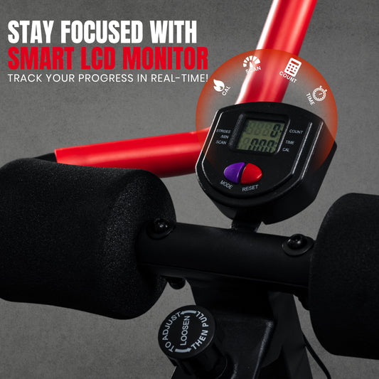 Black and red exercise machine on a gray background