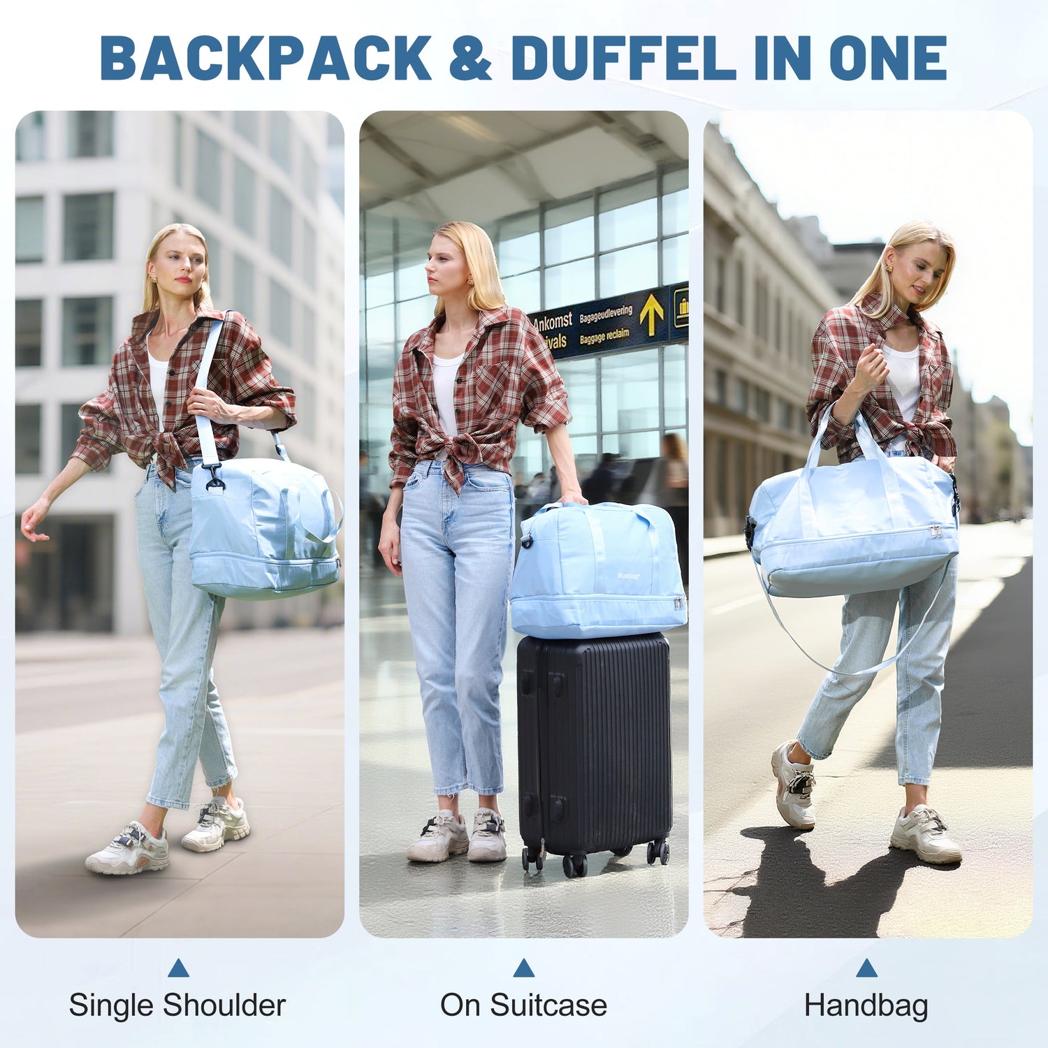 Woman using a multifunctional backpack and duffel bag in various scenarios