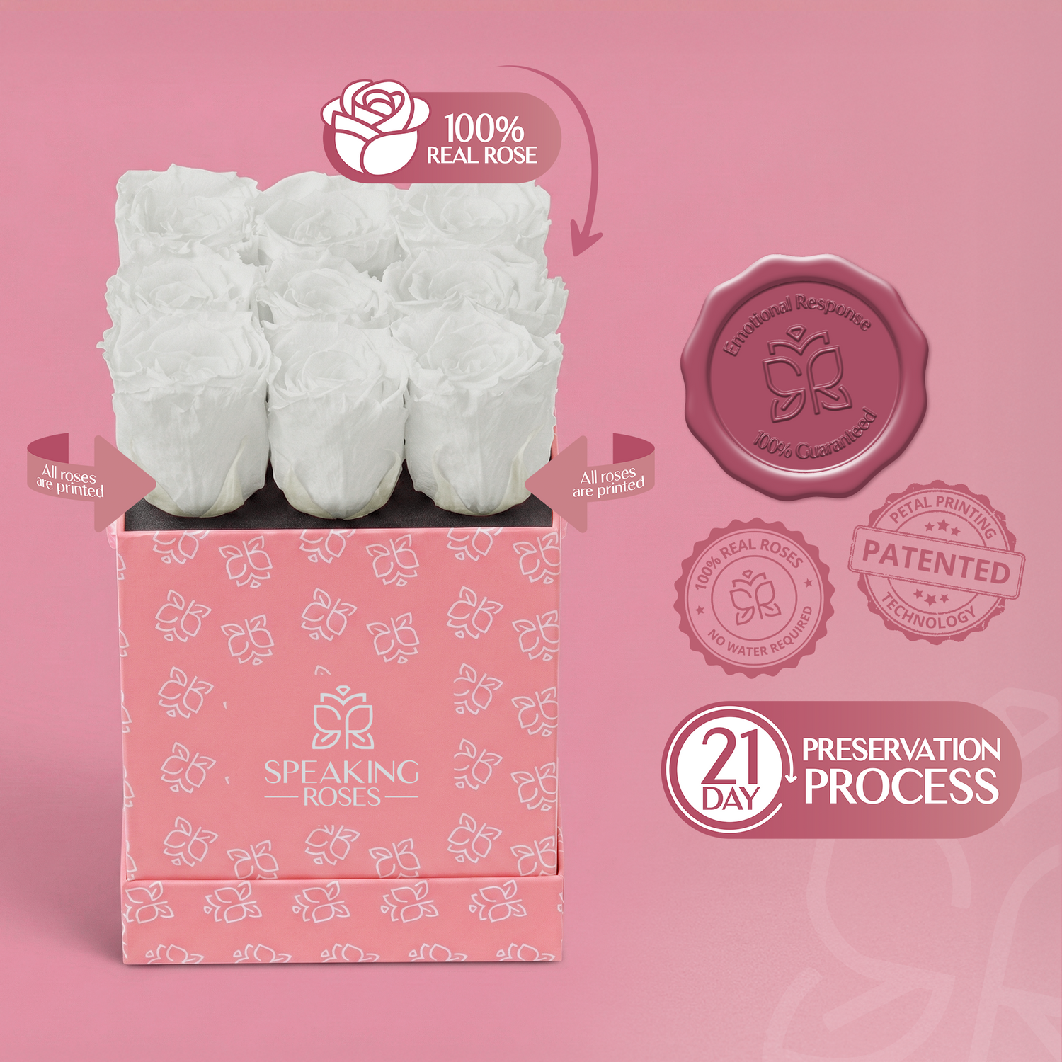 Box of white roses with branding and product details on a pink background