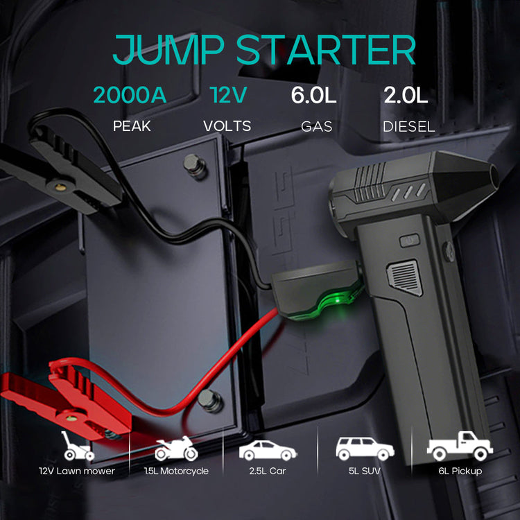 Jump starter device connected to a car battery with specifications displayed.
