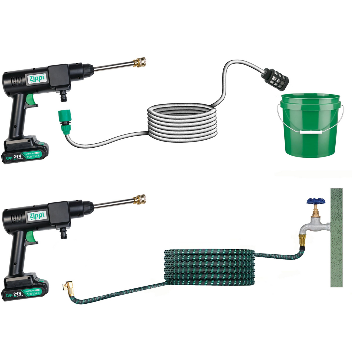 Zippol pressure washer with coiled hose, green bucket, and faucet on a white background