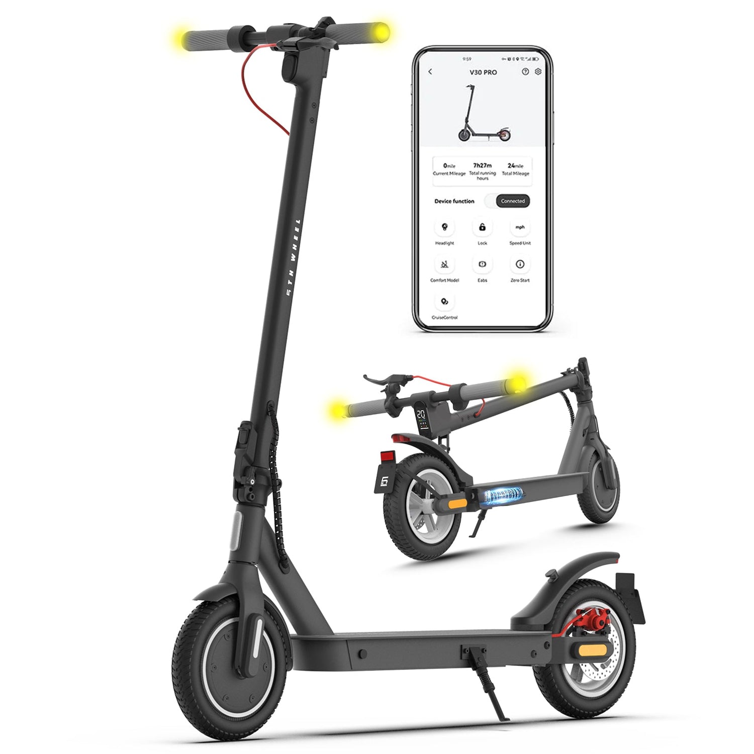 Electric scooter with smartphone displaying app interface on a white background