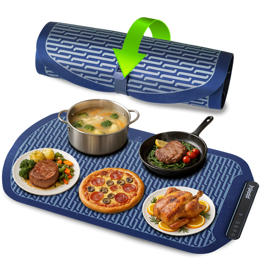 Blue portable kitchen mat with food items and a pot on a white background