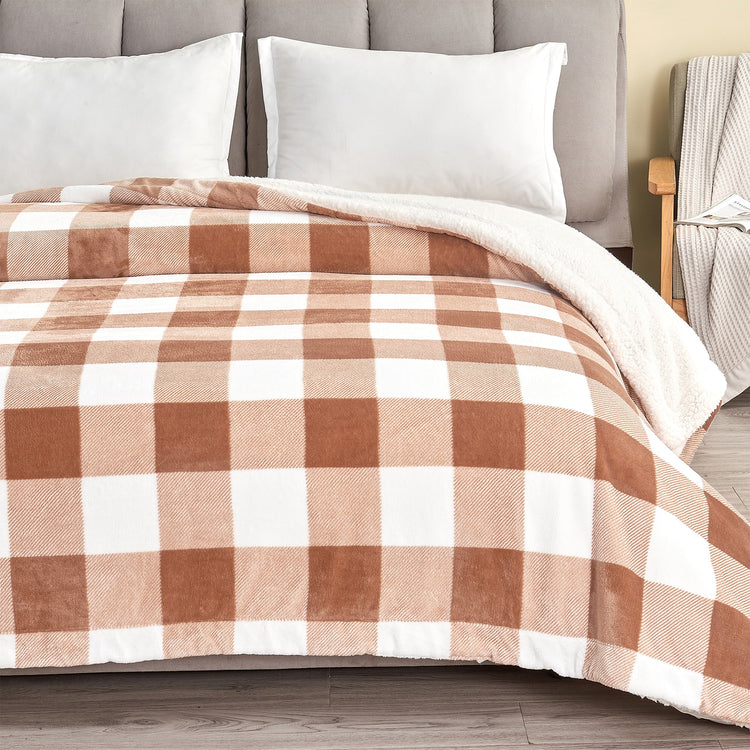Ultra-Soft Velvet Plush Reversible Sherpa Fleece Blanket - Terracotta Buffalo Checks