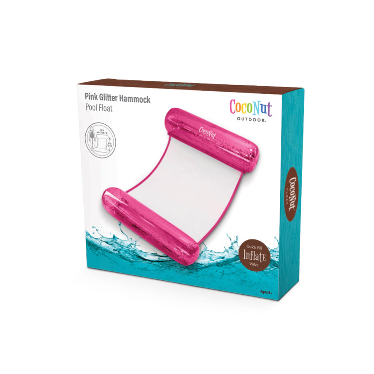 Pink glitter hammock pool float in packaging with CoCoNut Outdoor branding.